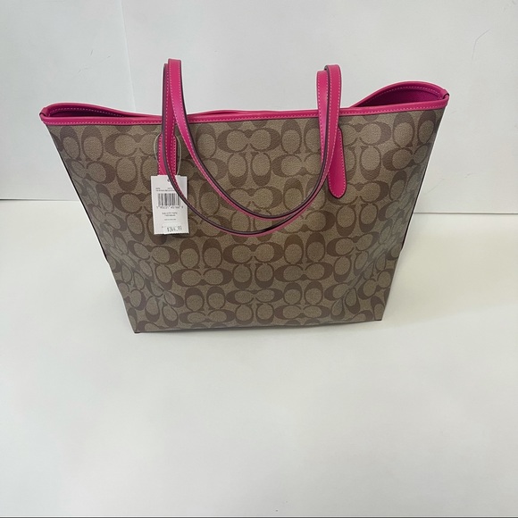Coach City Tote In Signature Canvas Tan And Bold Pink New With Tag - Picture 7 of 11